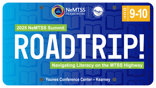 License plate illustration for the 2025 NeMTSS Summit: Road Trip! Navigating Literacy on the MTSS Highway.