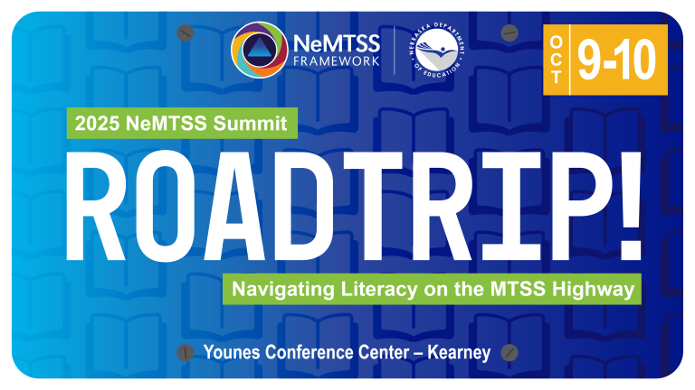 License plate illustration for the 2025 NeMTSS Summit: Road Trip! Navigating Literacy on the MTSS Highway.